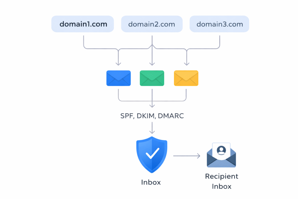 Cold email infrastructure diagram showing domain authentication and inbox distribution