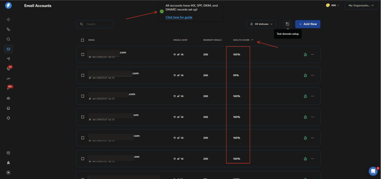 Cold email infrastructure dashboard showing SPF DKIM DMARC setup